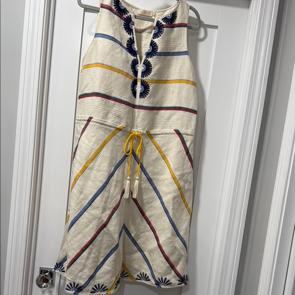 Tory Burch Cream and Blue Embroidered trim dress
